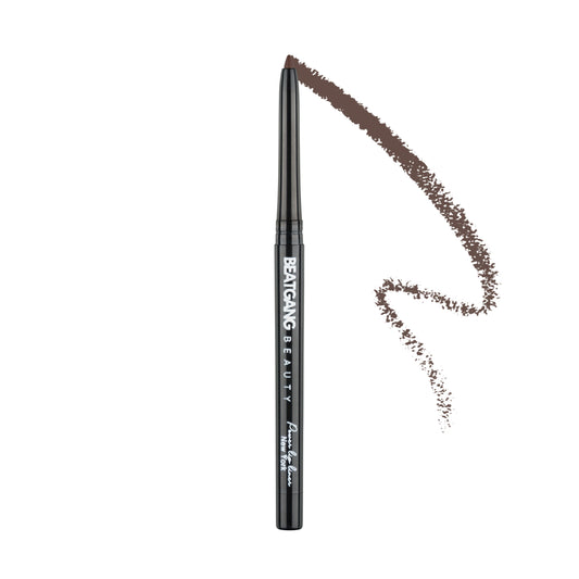 Eyebrow pencil with brown color swatch on a white background